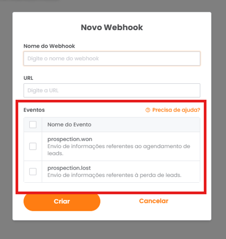 Seleção do evento que aciona o Webhook no modal de criação