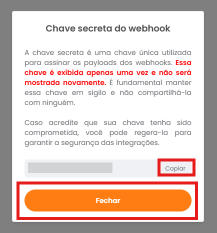 Chave secreta gerada com o botão Copiar após criar o Webhook