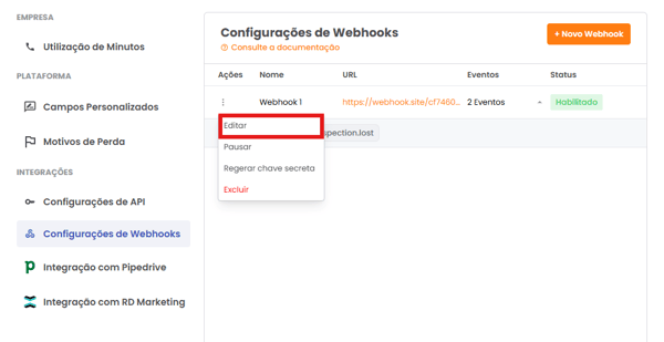Menu de ações do Webhook com a opção Editar