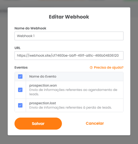 Modal de edição do Webhook com o botão Salvar