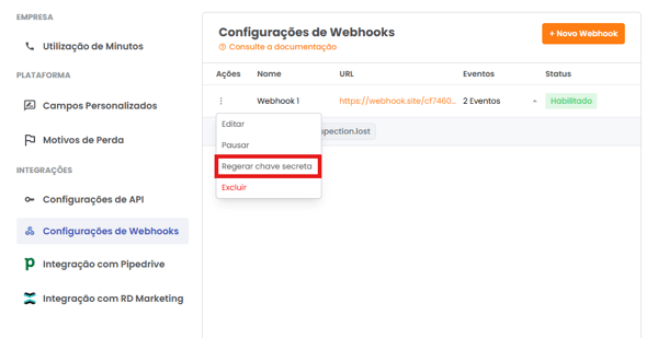 Menu de ações do Webhook com a opção Editar para regerar a chave