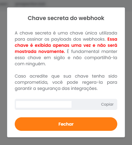 Nova chave secreta gerada com o botão para copiar
