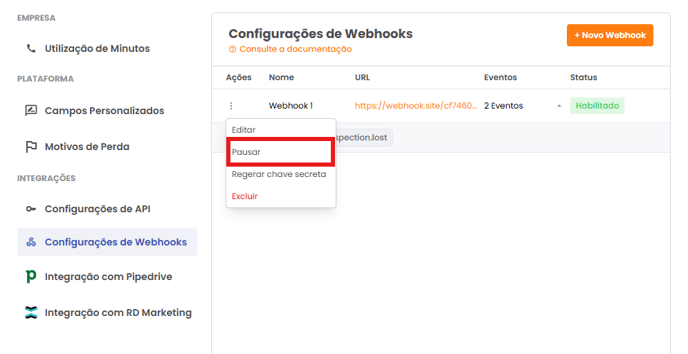 Menu de ações do Webhook com a opção Pausar