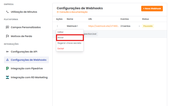 Menu de ações do Webhook com a opção Ativar