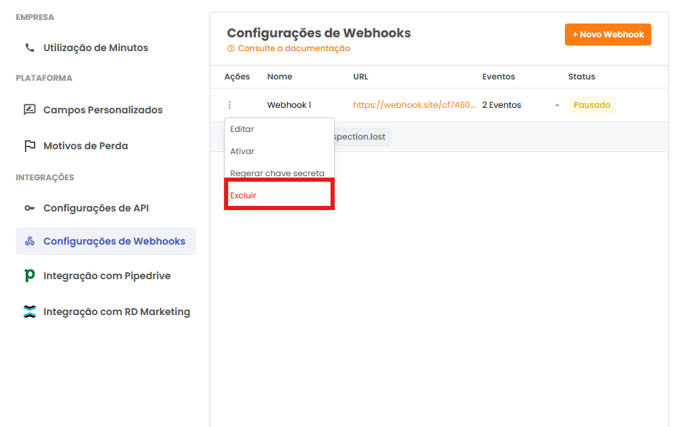 Menu de ações do Webhook com a opção Excluir