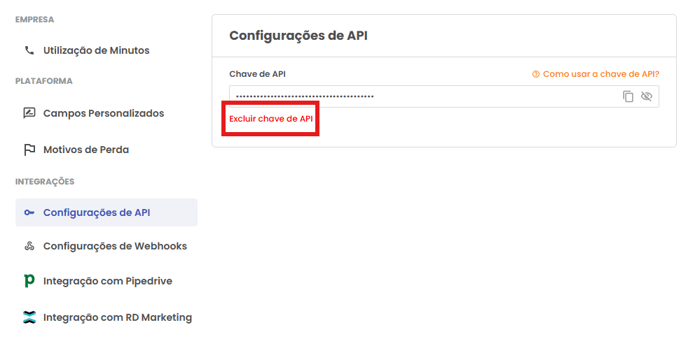 Botão Excluir chave de API nas Configurações de API