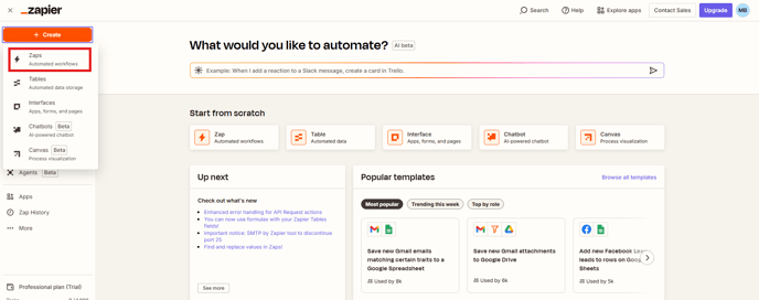 Botão + Create no Zapier com a opção Zaps selecionada