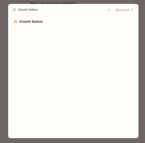 Busca pelo aplicativo Growth Station na lista de apps do Zapier