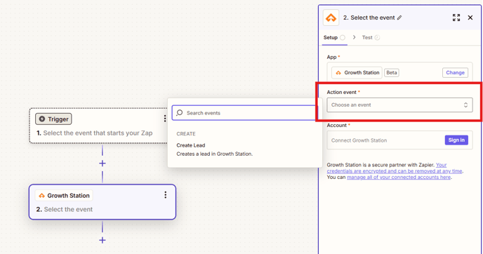 Seleção da ação Create Lead do app Growth Station