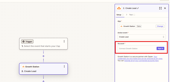 Tela de login do Growth Station solicitando a chave API da empresa