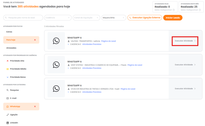 Atividade de WhatsApp com o botão Executar atividade