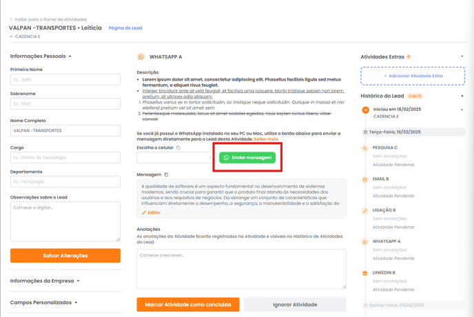 Botão Enviar mensagem na atividade de WhatsApp