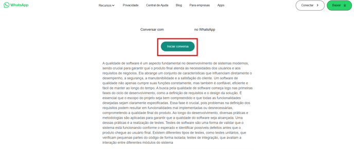 Tela do WhatsApp com o botão Iniciar conversa