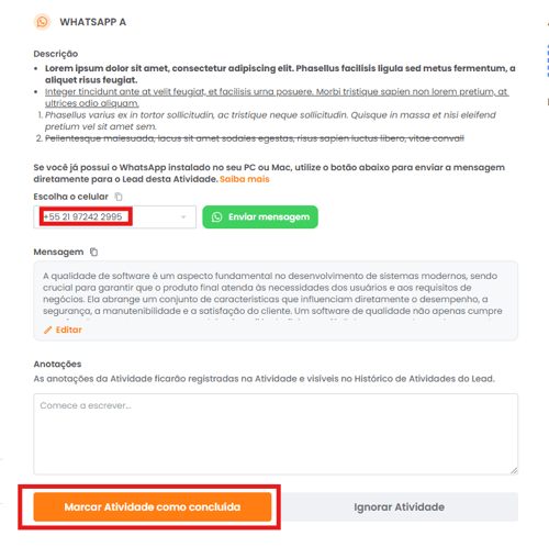 Botão Marcar atividade como concluída após o envio