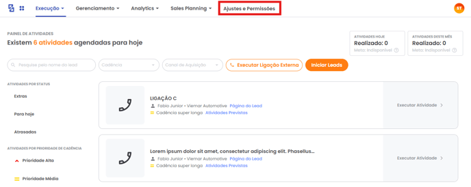 Menu GS Engage na Navbar com a opção Ajustes e Permissões destacada