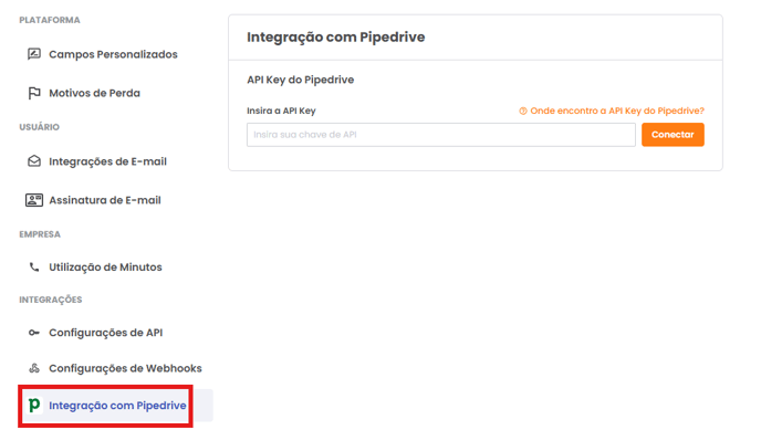 Página de configurações do GS Engage com o cartão Integração com Pipedrive