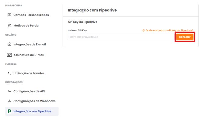 Campo de chave API da integração Pipedrive com o botão Conectar