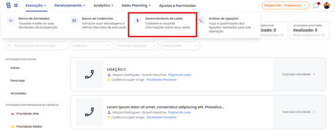 Menu Gerenciamento com a opção Gerenciamento de Leads