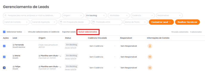 Atalho Excluir selecionados acima da lista de leads