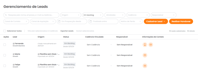 Lista de leads com um lead selecionado para abrir a página
