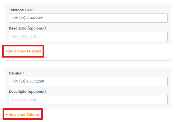 Campos para adicionar telefone ou celular ao lead
