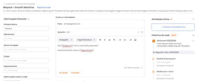 Atividade de e-mail com tags dinâmicas no Painel de Atividades