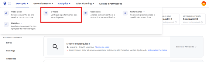 Navbar aberta em Analytics, com a opção E-mails destacada