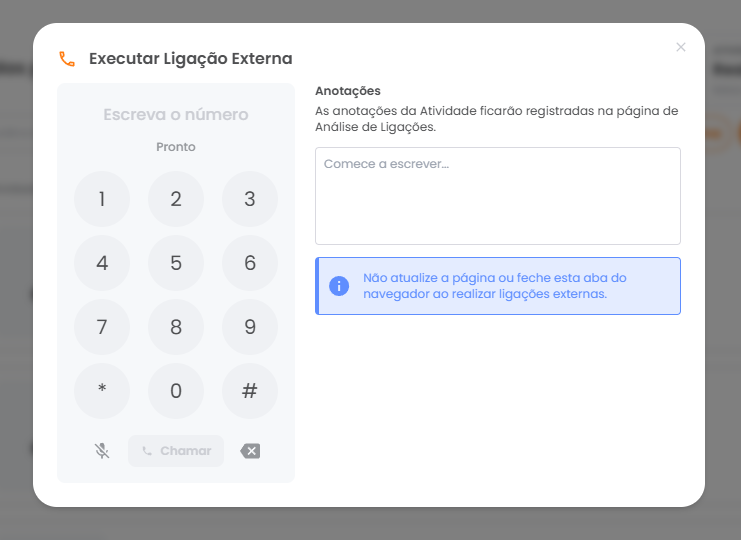 Discador de ligação externa com o campo para informar o número do lead