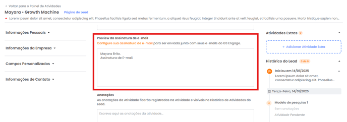 Preview da assinatura durante a execução de uma atividade de e-mail