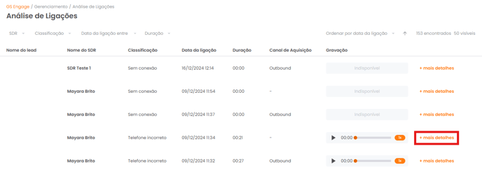 Botão +mais detalhes com informações adicionais da ligação