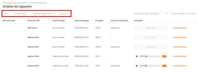 Filtros aplicados para localizar as ligações desejadas