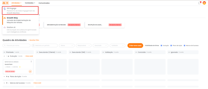 Navbar do Growth Station com o acesso ao GS Engage em destaque