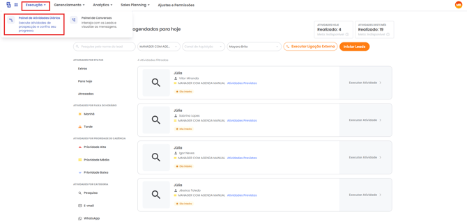 Painel de Atividades Diárias com as atividades dos leads em prospecção