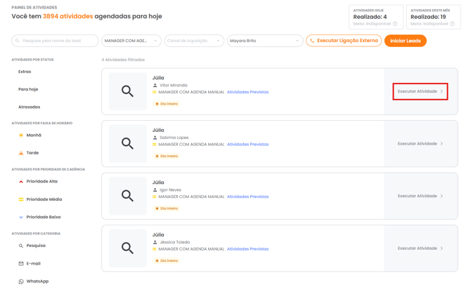 Botão Executar Atividade no Painel de Atividades Diárias