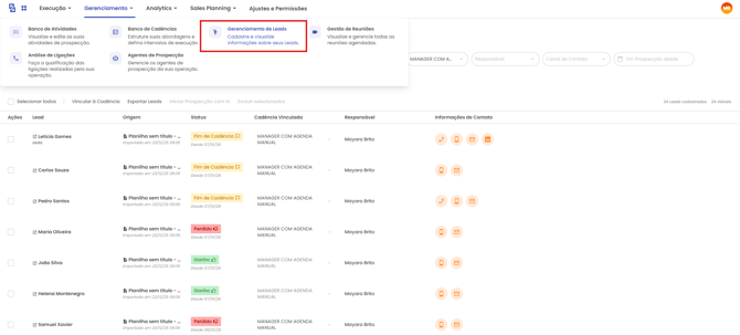 Página de Gerenciamento de Leads com os leads em prospecção