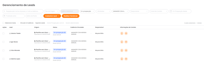 Lista de leads com o nome do lead destacado para abrir a Página do Lead