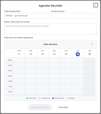 Modal Agendar reunião com campos de informações, data e horário