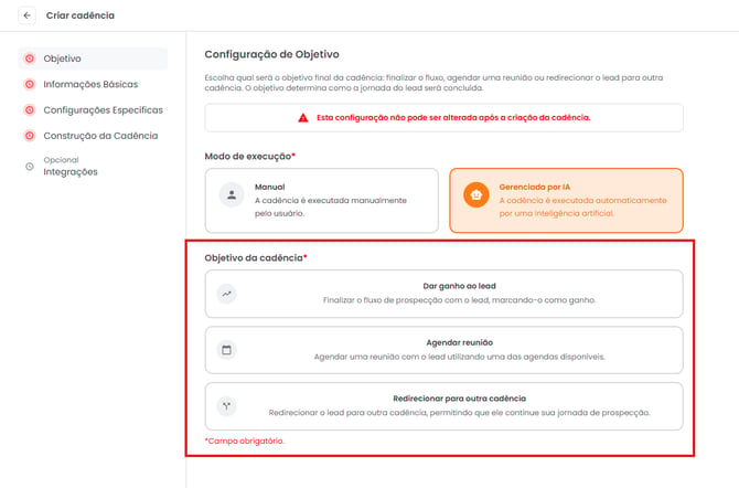 Seleção do objetivo da cadência automática