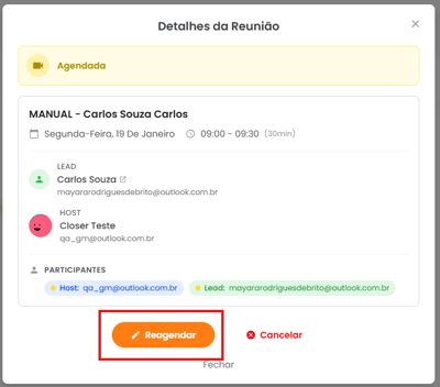 Modal Detalhes da Reunião com o botão Reagendar