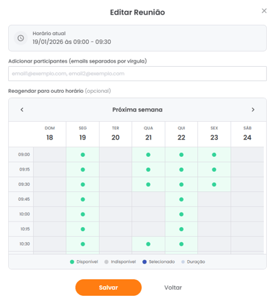 Modal Editar Reunião com campos de data, horário e participantes