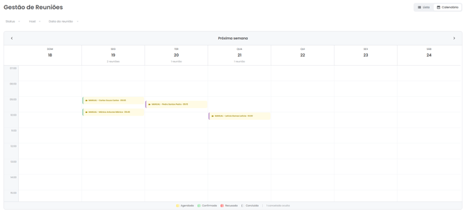 Modo de visualização em Calendário com a agenda semanal de reuniões