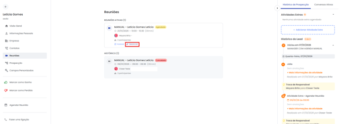 Seção Reuniões com o botão Gerenciar da reunião agendada