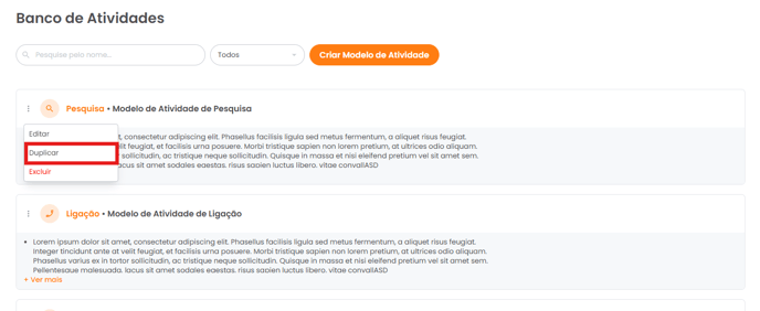 Menu de três pontos com a opção Duplicar em um modelo de atividade