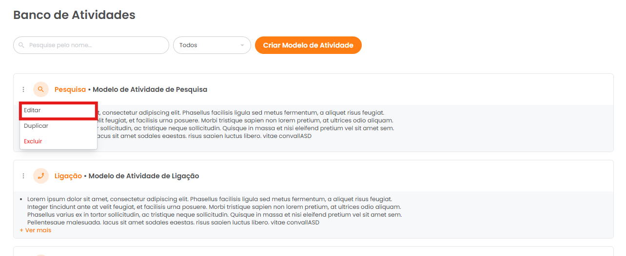 Menu de três pontos com a opção Editar em um modelo de atividade