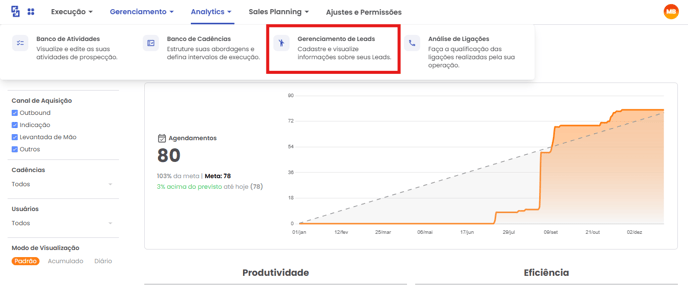 Menu Gerenciamento com a opção Gerenciamento de Leads