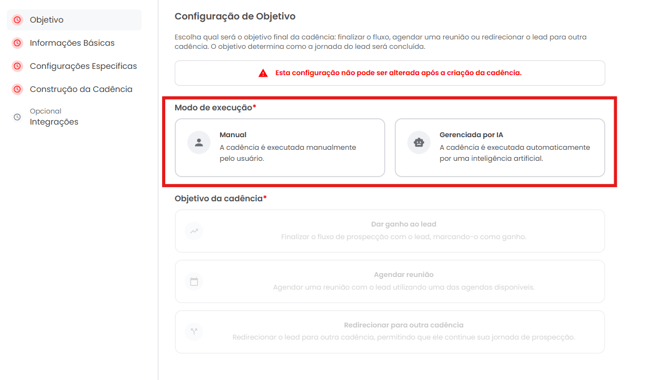 Seleção do modo de execução: Manual ou Gerenciada por IA