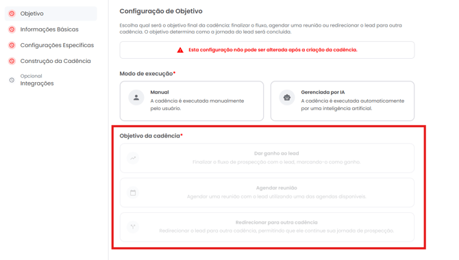 Seleção do objetivo da cadência conforme o modo de execução