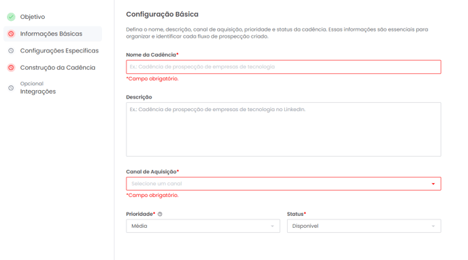 Formulário da seção Informações Básicas da cadência