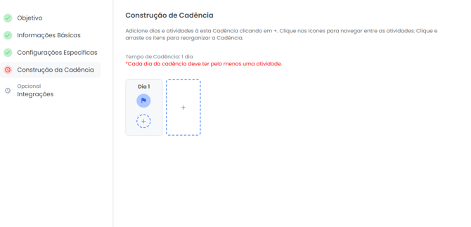 Seção de Construção da Cadência com os dias e atividades