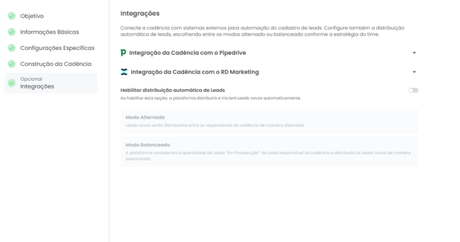 Seção de Integrações com Pipedrive, RD Marketing e distribuição de lead
